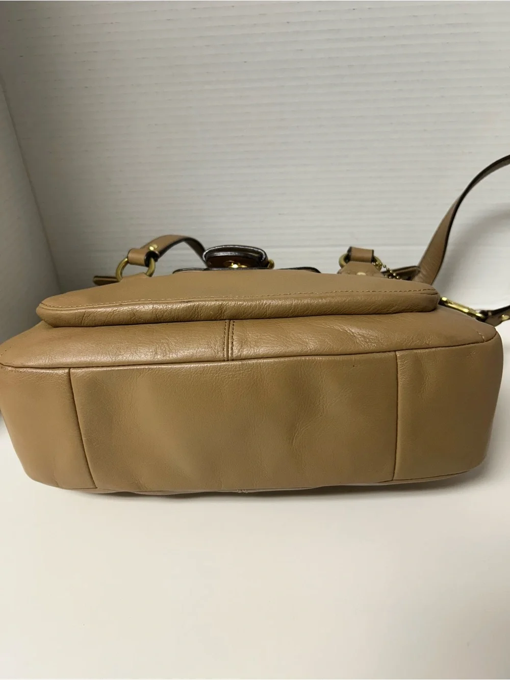 COACH Campbell Leather Eva Flap Satchel Bag Camel F26127 Y2K Neutral Minimalist
